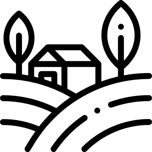 Vereinfachte Darstellung einer Kaffeeplantage, stellvertretend für den direkten Kaffeehandel. Schwarz auf weißem Hintergrund.